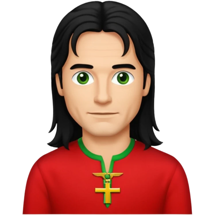 Robert Pilatus, German Singer (1964-1998) with tan skin, long black hair, green eyes, red outfit emoji