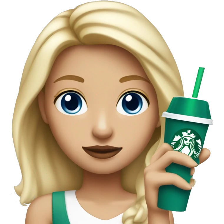blonde girl blue eyes with Starbucks cup drink emoji