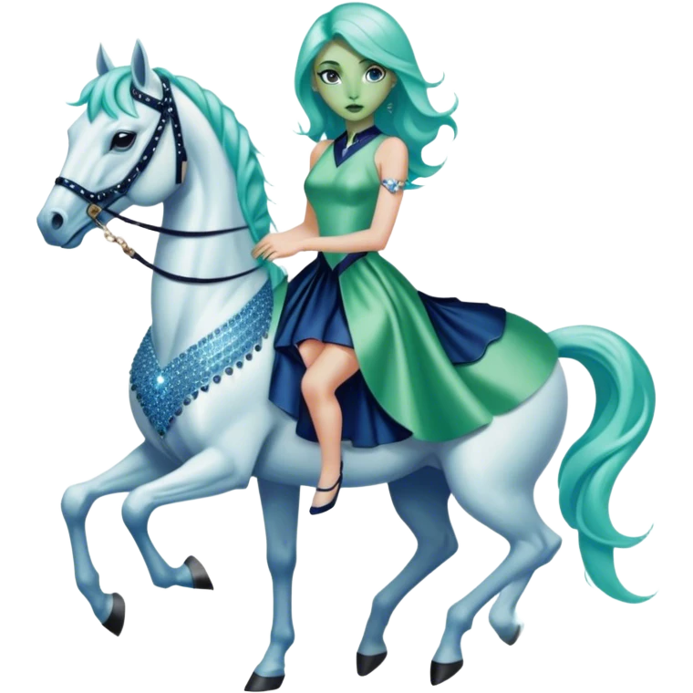 alien reptilian green skin woman, in short slim pastel blue formal party satin dress with gradient shiny sparkling navy blue diamonds embroidered , ride a White horse emoji