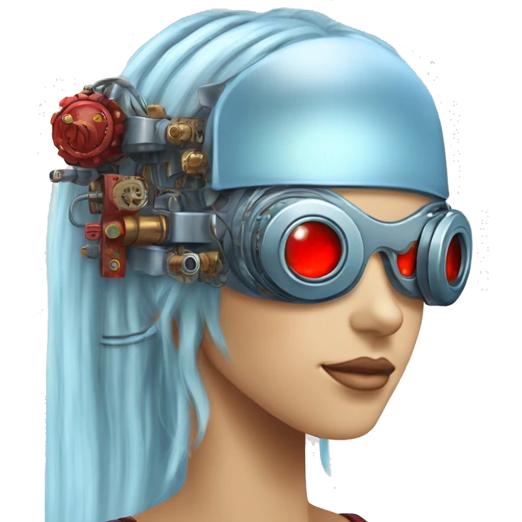Light blue long hair female cyborg head with red steampunk goggles and circuits emoji