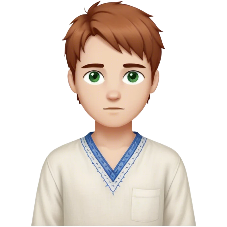 Medieval spring outfit worn by a DnD themed fantasy male character. Cloud white linen tunic with cornflower blue running stitch detail, paired with a canvas belt dyed with natural pigments. Clothes only above the waist, full waist coverage. The character has no arms. Character is white-skinned with cinnamon brown hair, forest green eyes, and short layered hair with textured ends. emoji