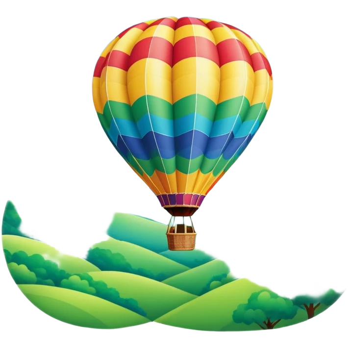 A colorful hot air balloon floating gracefully above the ground, with a clear sky and distant hills in the background. The balloon's vibrant colors stand out against the soft clouds, capturing the peaceful yet adventurous spirit of hot air ballooning. emoji