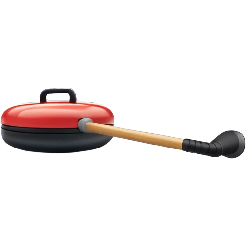 An icon featuring a curling stone in the foreground on an ice sheet with marked target circles. A curling broom rests nearby. In the background, a grand indoor stadium with bright lights and cheering fans. The ice reflects the vibrant colors of the surroundings. Transparent background. emoji