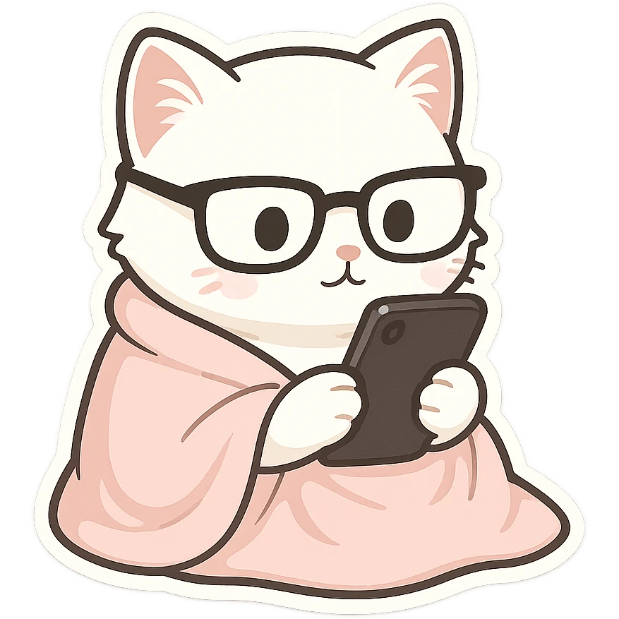 Cat meme, a white cat wrapped in a blanket, wearing glasses, holding a mobile phone in both hands, looking at the phone emoji