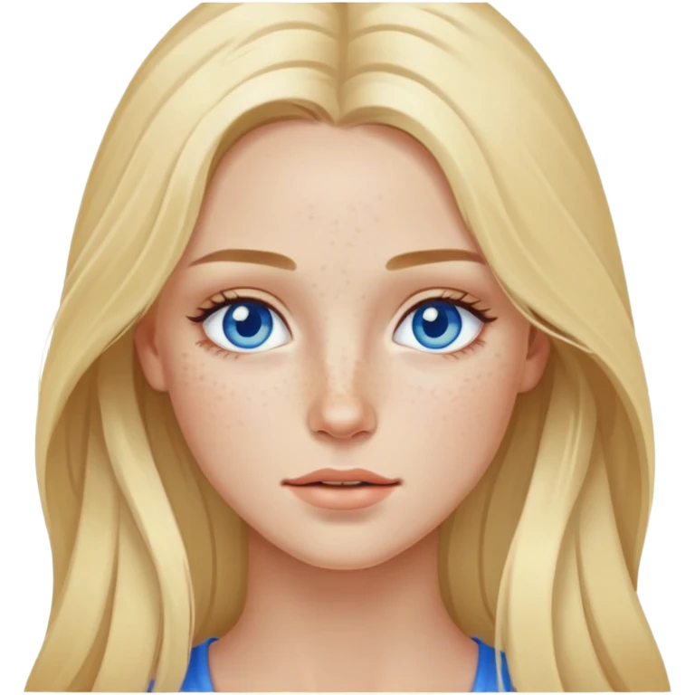 Blond model, with blue eyes, long hair , with freckles under her eyes emoji