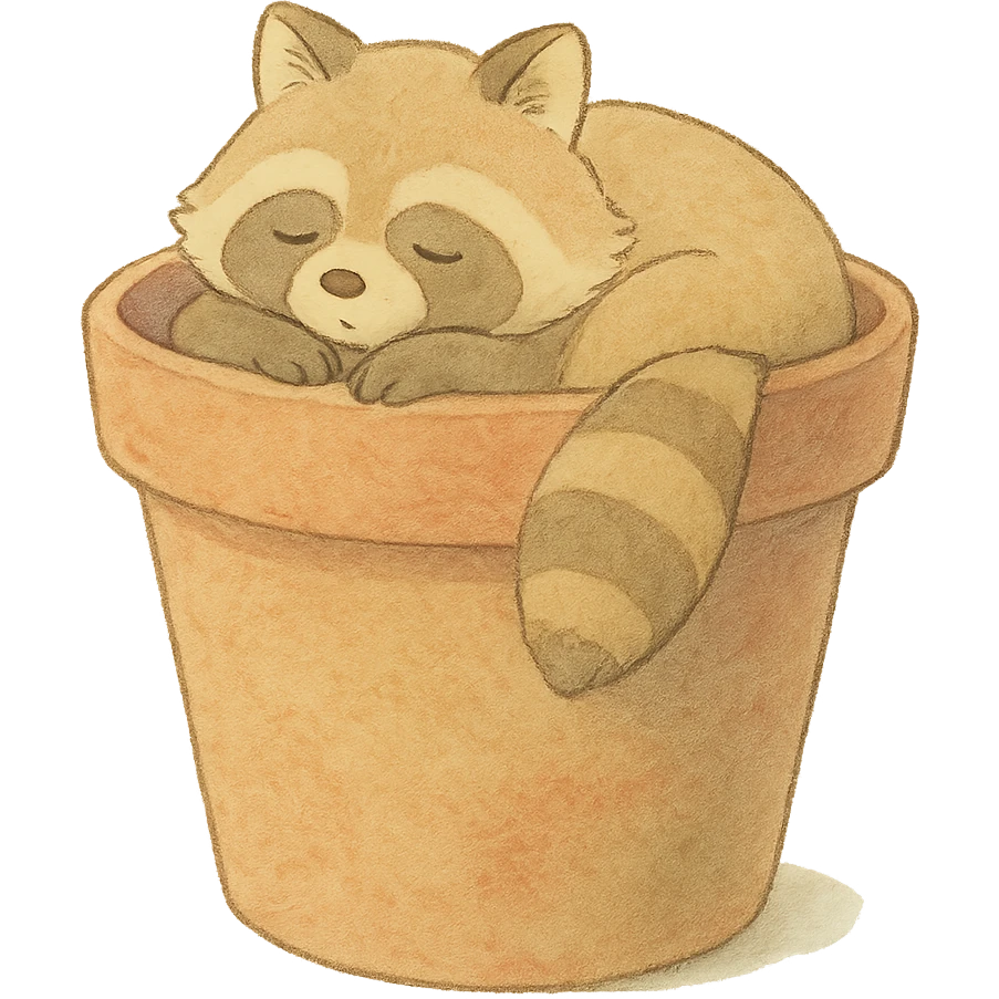sleepy raccoon inside a flower pot, pastel earthy colors, soft Ghibli style emoji
