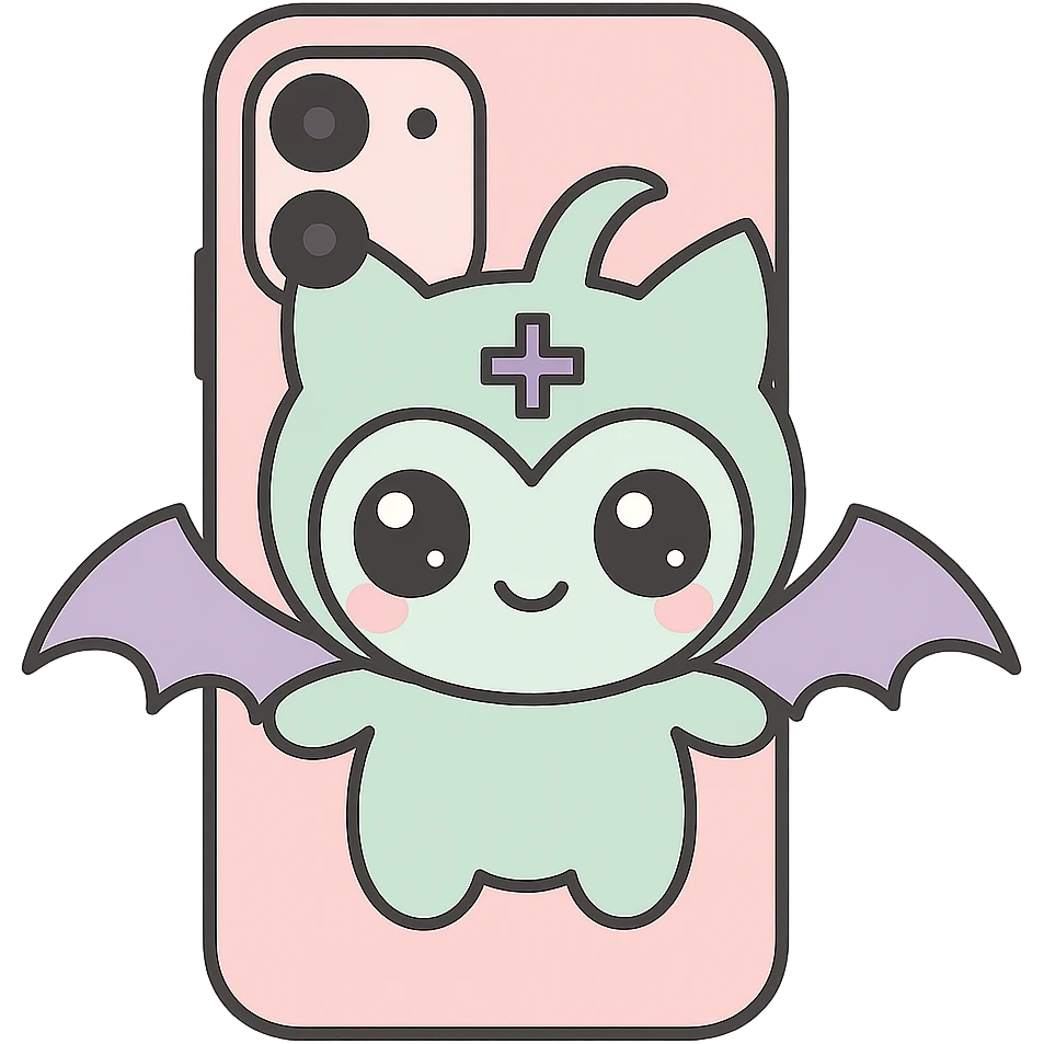 Remove any purse or purse-matching elements. Focus only on a white and black gothic kawaii phone case with big eyes, smiling, playful, cartoonish style, and gothic symbols. No purse references. No background. emoji
