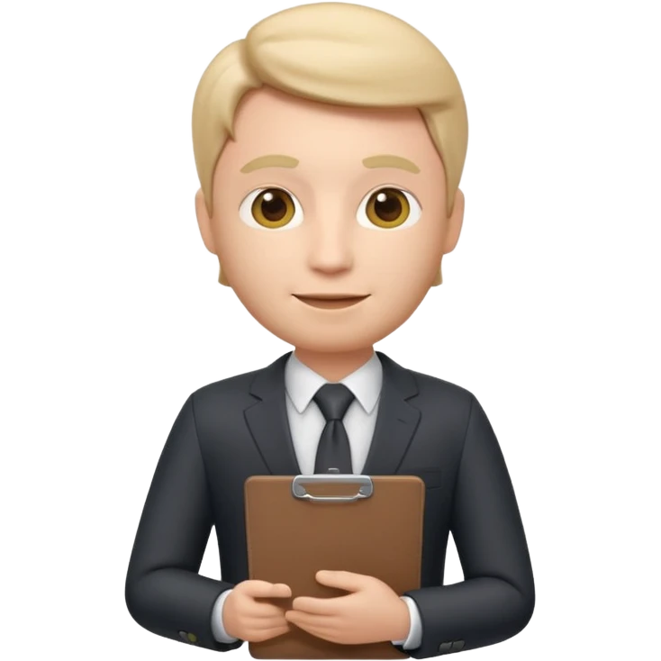 Apple Memoji-style 3D emoji of a manager character in a suit holding a clipboard, soft shading, rounded shapes, clean gradients, no background.
 emoji