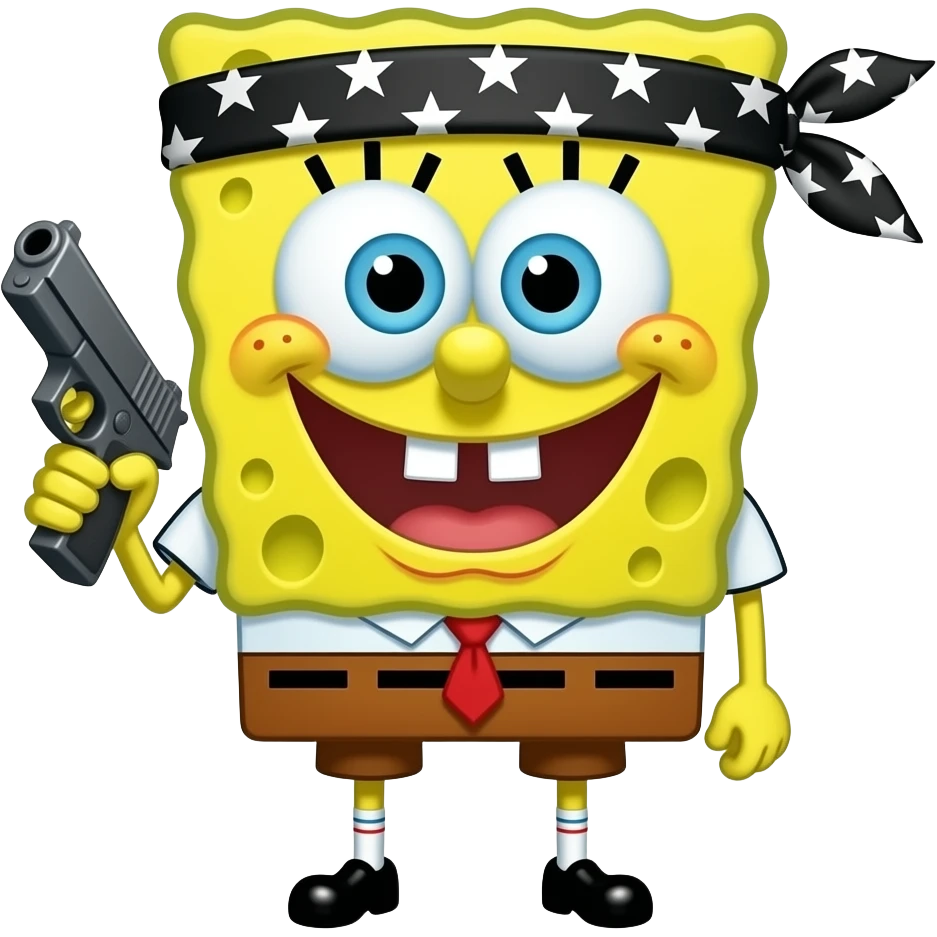 Black colored sponge bob with a bandana and a glock emoji emoji