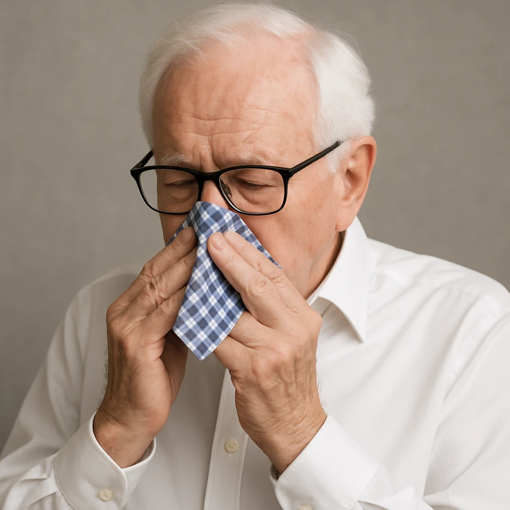 Make the handkerchief a little bit smaller while keeping the old man with white hair, white skin, black-framed glasses, wearing a white shirt, blowing his nose on the blue and white checkered handkerchief emoji