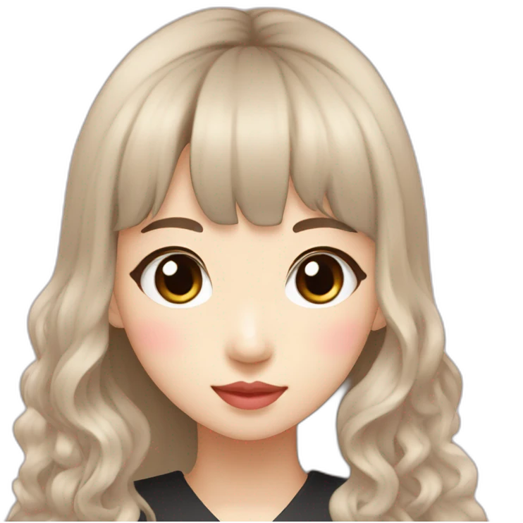Korean student woman with bangs and wavy long black korean hairstyle, light skin tone, pink lips, black eyes emoji