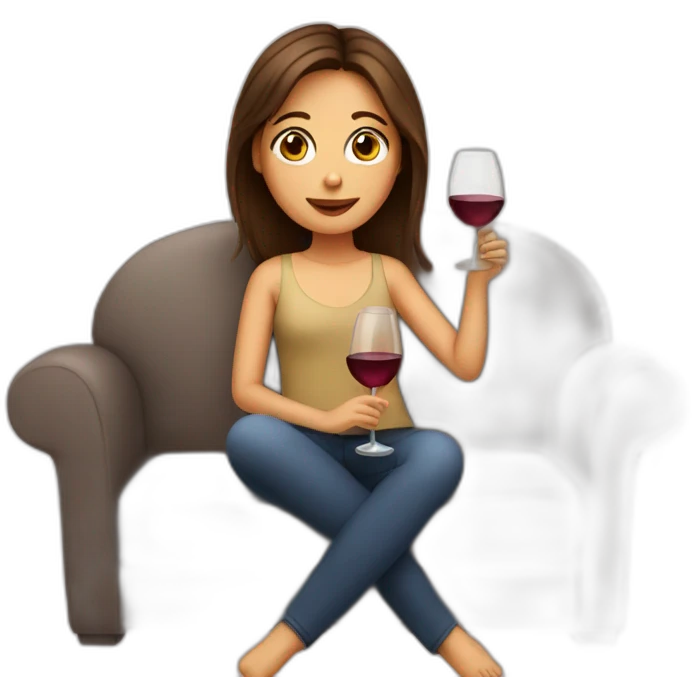 Girl with middle part and brown hair and brown eyes drinking wine sitting on a sofa emoji