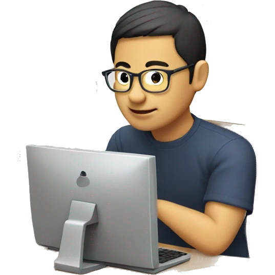 Make an image of an asian spectacle guy using his computer to do coding emoji