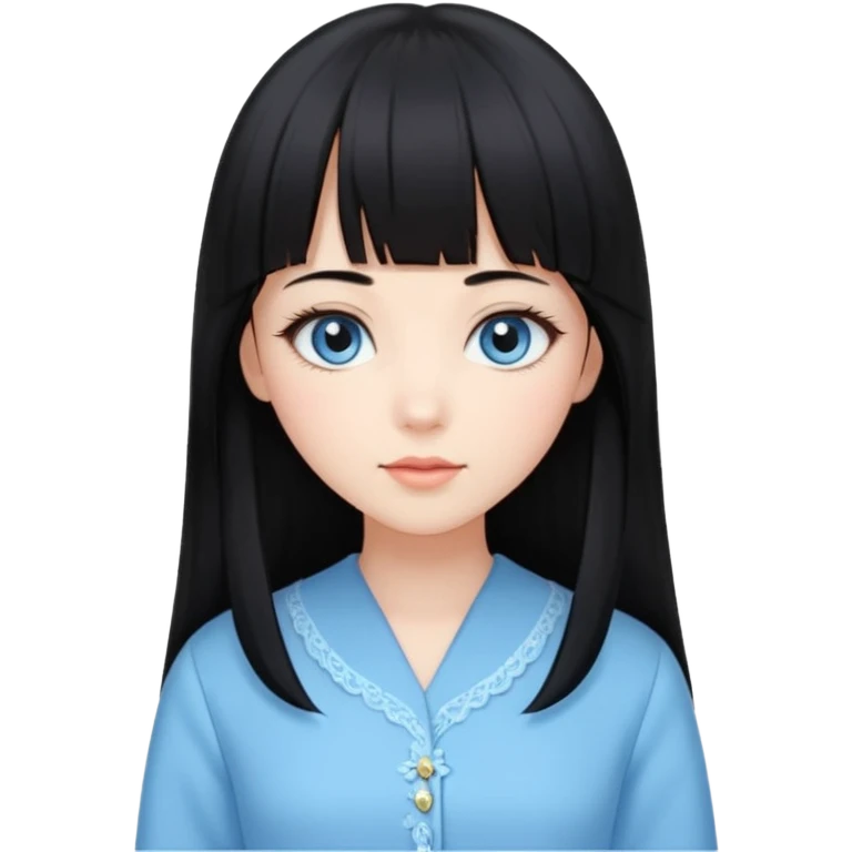 Uma mulher, pele branca, cabelos longos liso preto, franja estilo hime cute, olhos no tom azul celeste, estilo amendoados, cílios delicados longos, usando roupas elegantes emoji