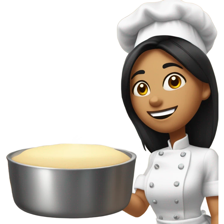 White woman with straight black hair cooking a soufflé while teaching a graduate class on her birthday emoji