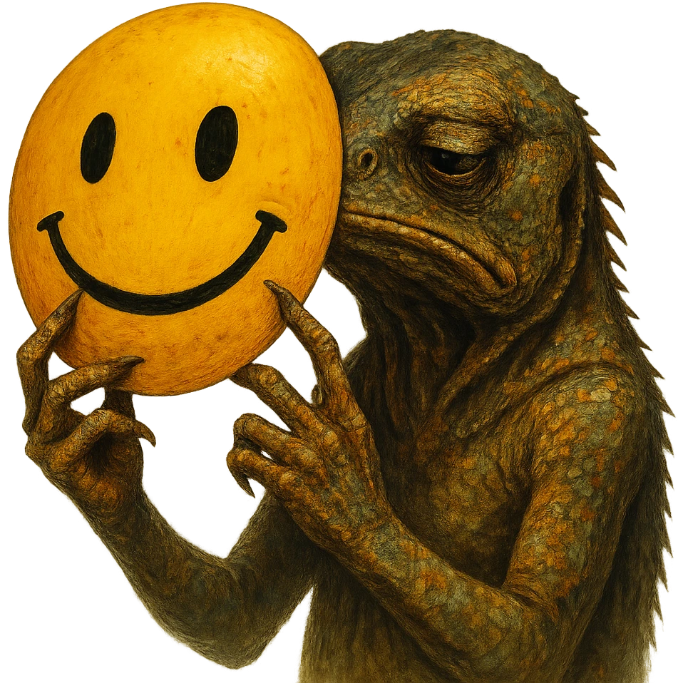 a sad lizard taking off a happy emoji mask, dramatic, clear contrast between lizard and mask, vivid colors, detailed face emoji