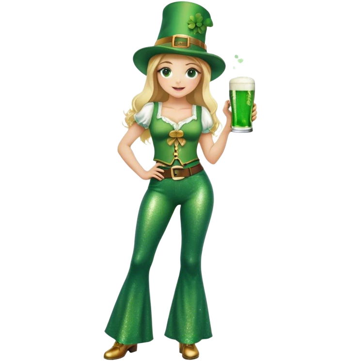 Blonde haired girl in glittery green bell bottoms and tall leprechaun hat holding a green beer emoji
