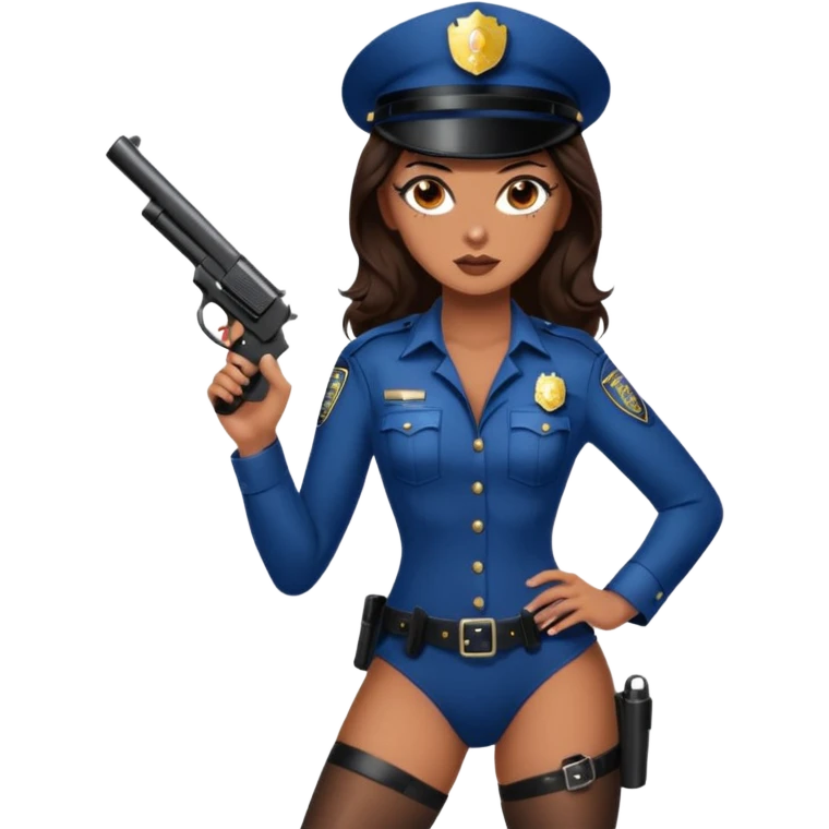 A sexy girl. with caramel skin. Dark brown hair and brown eyes. She has freckles. Wearing sexy makeup. Dressed as a sexy cop. wearing lingerie. Wearing heels on her feet. Holding a gun emoji