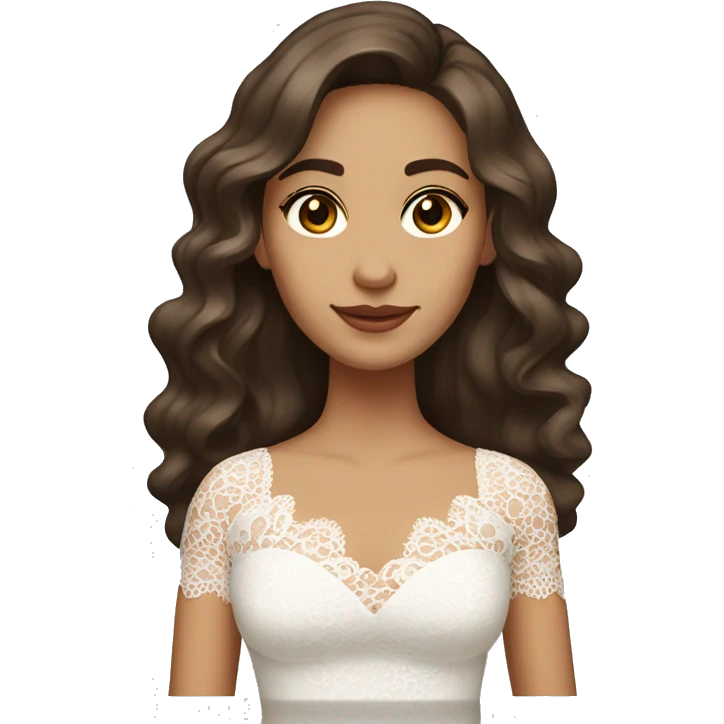 Adult woman with brown eyes, light tanned skin, long wavy dark brown hair, wearing a white lace dress emoji
