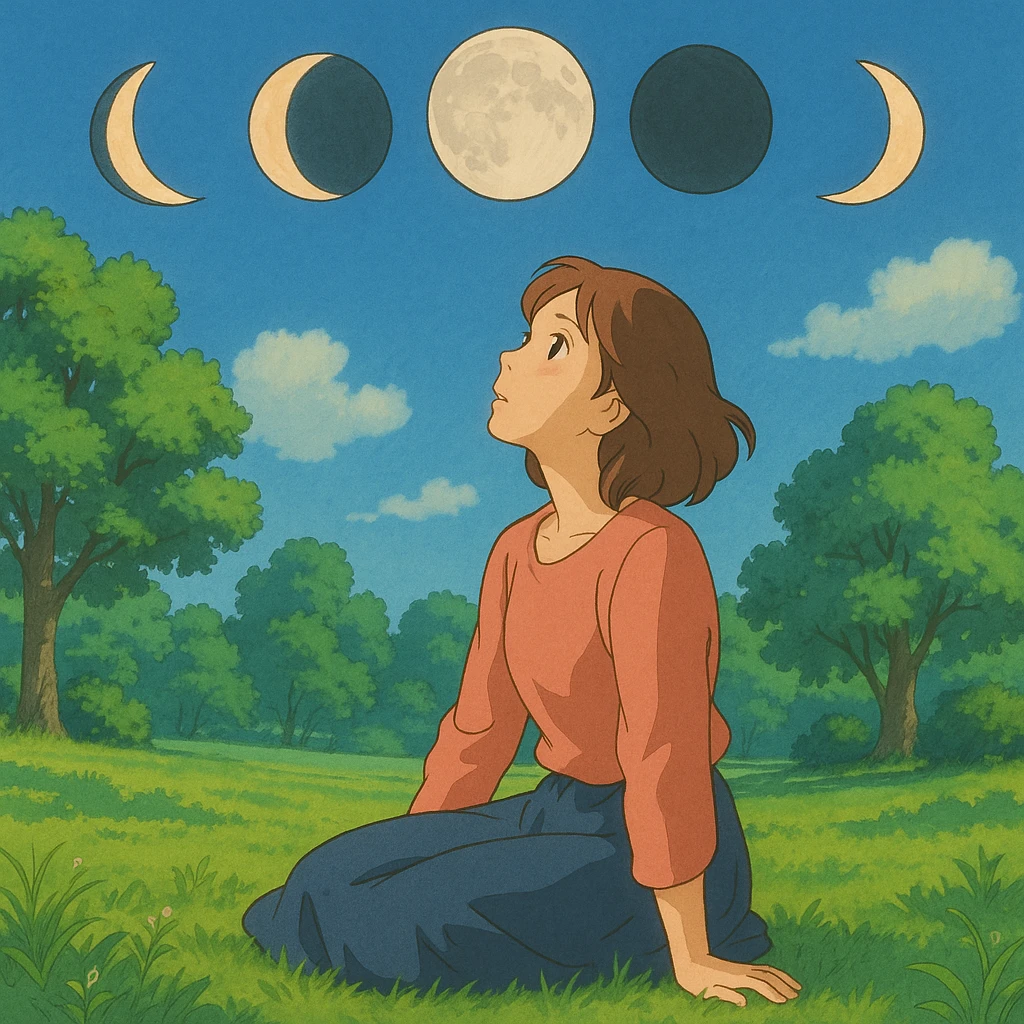 ghibli style illustration of a woman sitting on the grass in a park, looking up, surrounded by the moons of the 4 phases emoji