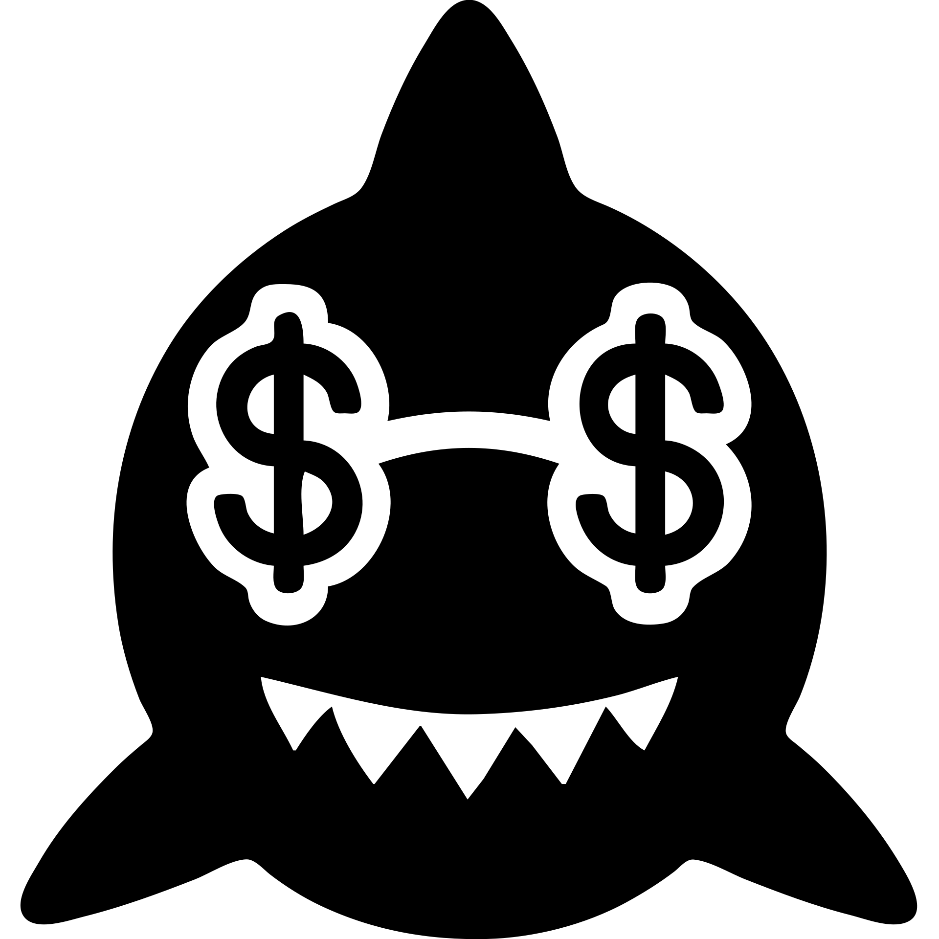 solid black icon of a shark wearing money-shaped glasses emoji