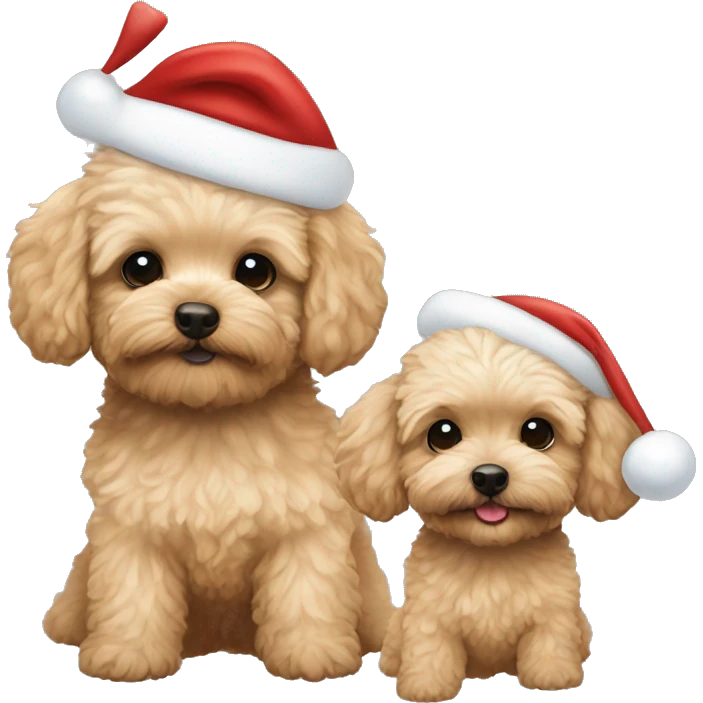 one brown maltipoo and one blonde maltipoo wearing santa hat emoji