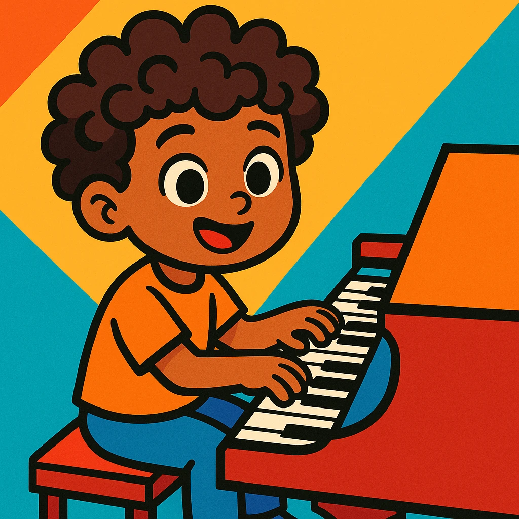 a kid with curly hair and brown eyes playing piano, vibrant cartoon style emoji