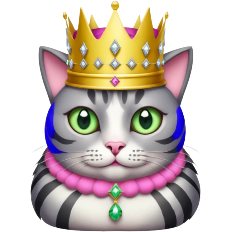 Gatito gris oscura con rayas negras ojos verdes vestida de reina con coronas y diamantes, más peluda y gordita  emoji