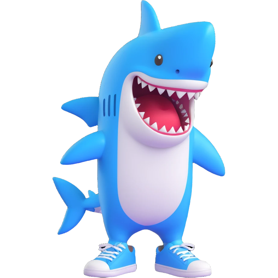 cartoon shark standing upright, wearing blue sneakers, emoji style, transparent background emoji