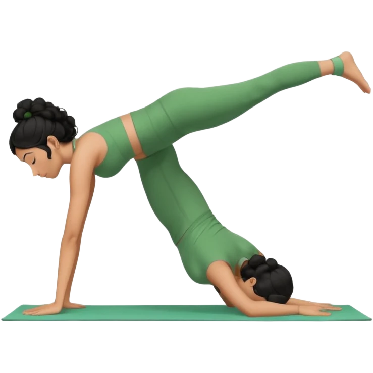 a woman with olive skin tone and curly black hair wearing green and doing a downward dog yoga pose emoji