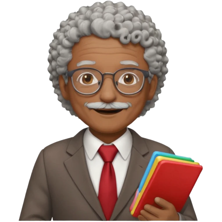 old man teacher, brown skin, curly grey white hai, wearing glasses, brown suit, red tie hold chalk on hand emoji