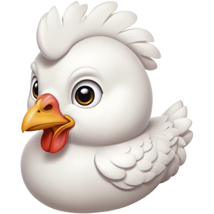 Cinematic Noble White Chicken Portrait Emoji, Poised and regal, with a compact, sturdy build and a pristine, well-groomed pure white plumage, deep-set soulful beady eyes, Simplified yet sharp and sophisticated features, highly detailed, glowing with a soft, dignified glow, high shine, intelligent and alert, stylized with an air of barnyard elegance, focused and attentive, soft glowing outline, capturing the essence of a watchful and confident fowl, so majestic it feels as though it could strut out of the screen with effortless authority! emoji