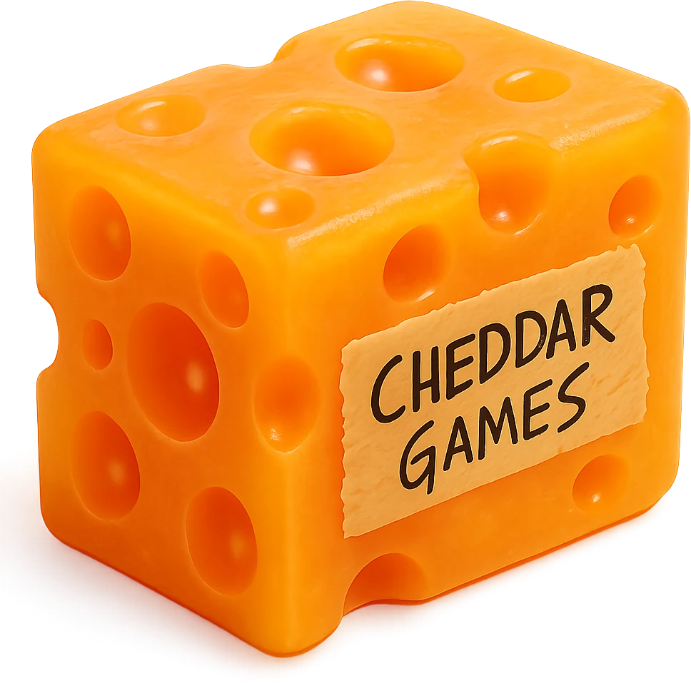 A hyper-realistic, highly detailed block of cheddar cheese with a clear, bright orange, transparent body, featuring holes like Swiss cheese. The cheese has a soft, flat, plastic texture reminiscent of a 90's toy, with soft reflections, a slightly squishy and cloudy appearance, and no shine. The block is glowing slightly, looks like a high-quality retro gummy, and is extremely appealing. There is a piece of tape on the side with 'Cheddar Games' written in sharp, messy handwriting. The overall look is hyper-realistic, retro, and visually stunning, transparent background. emoji