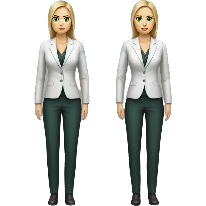 Russian woman 35 years old with green eyes full length in suit photorealistic serious emoji