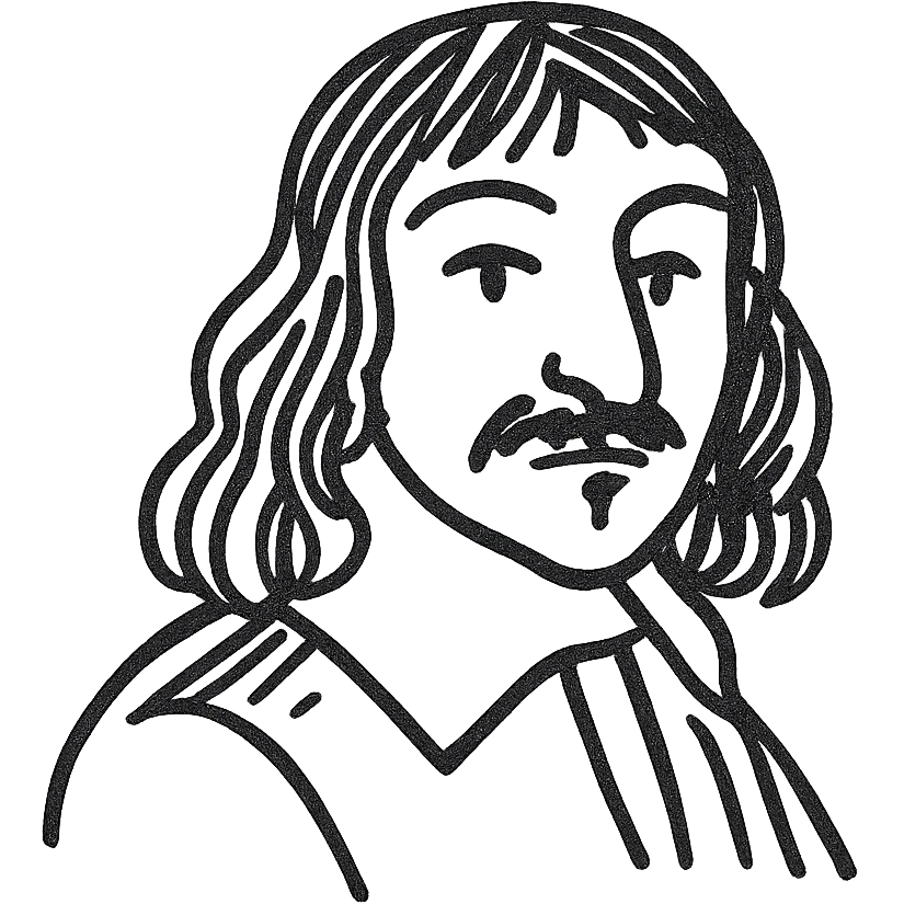 Descartes as a black outline icon, no fill, hand-drawn look, recognizable philosopher features emoji