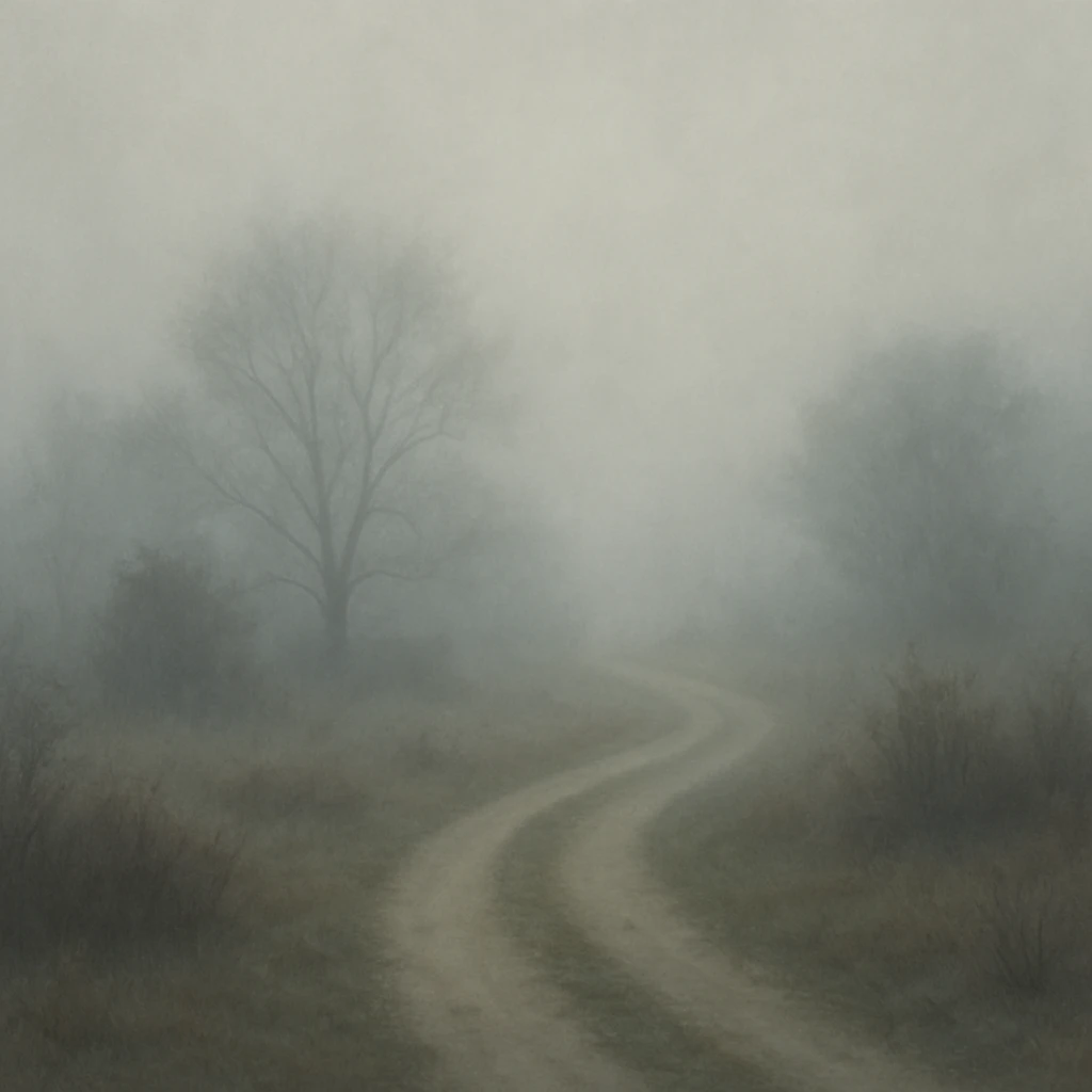 A foggy landscape with a winding path disappearing into the fog, foggy style. emoji