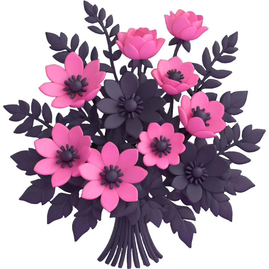 minimal 3D gothic bouquet with pink and black flowers, simple and dark emoji