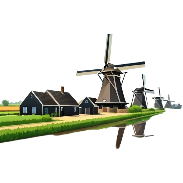 cinematic-realistic-kinderdijk-windmills-landmark-emoji,-showcasing-traditional-dutch-windmills-aligned-along-a-tranquil-canal,-with-lush-green-fields in a picture frame emoji