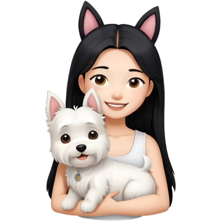 A asain girl with long black hair. She is wearing a white crop top. The girl is smiling and hugging a west highland terrier with big ears  emoji