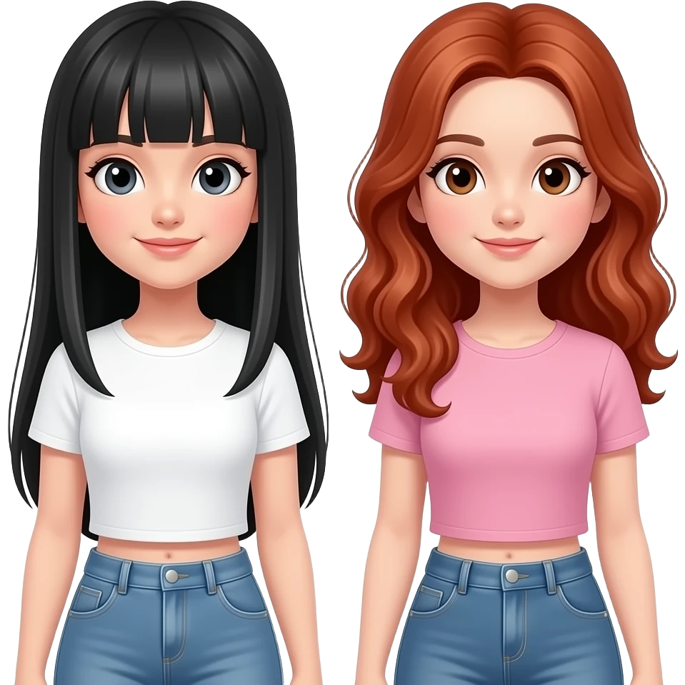 Una de las chicas en blanca, con el pelo negro lacio largo y con flequillo recto, la otra chica es un poquito morena, con ondas marcadas y el pelo muy muy rojo abajo de los hombros, que estén de cuerpo completo emoji