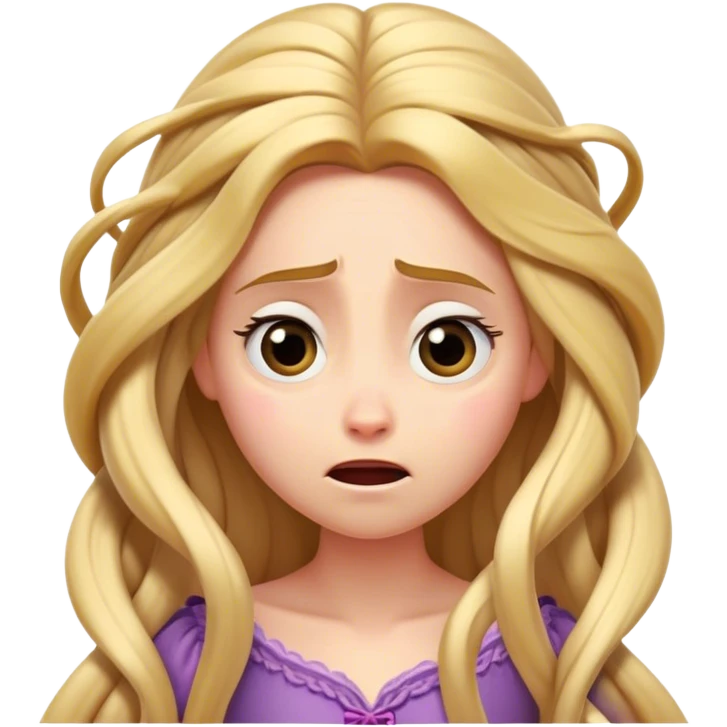 Cinematic Funny Rapunzel Portrait Emoji, Looking exhausted while tangled in her own hair, a dramatic sigh, eyes rolling with humorous exasperation, a hilariously relatable moment for the long-haired princess! emoji