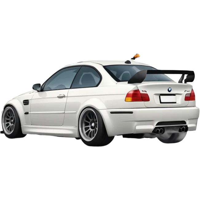 
A white BMW M3 E46 is shown drifting through a corner from a rear-view angle, with a slight wisp of smoke rising from the back and the wheels positioned at a certain angle relative to the turn. emoji