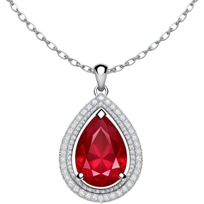 teardrop ruby pendant pulsing fiery red, cradled in a floating silver chain, haloed by glistening white stones like stardust emoji