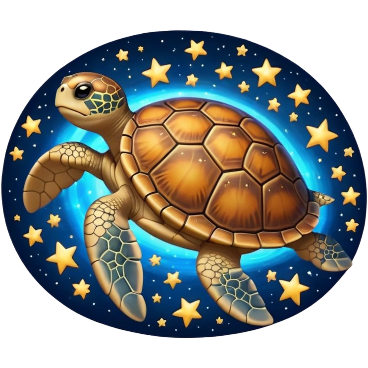 Quasar Turtle emoji – full body, large turtle with a smooth glowing shell shaped like a cosmic quasar, simple light effect in the center of the shell, stars in the shell, no patterns, no aura, slight side angle, no background
 emoji