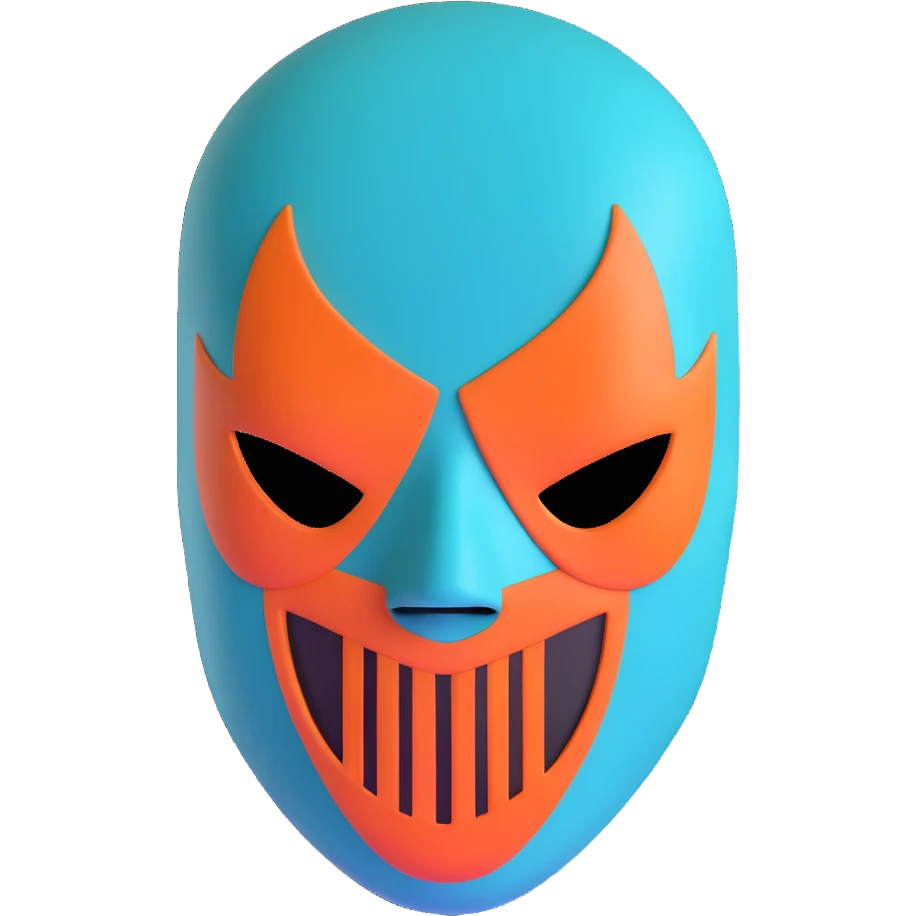 teal and orange ski mask with evil expression emoji