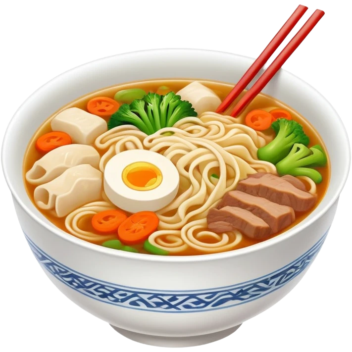 Henan Stewed Noodles with clear soup and vegetables, simplified emoji style with bold outlines and bright colors, cartoon style traditional Hui Mian in bowl emoji