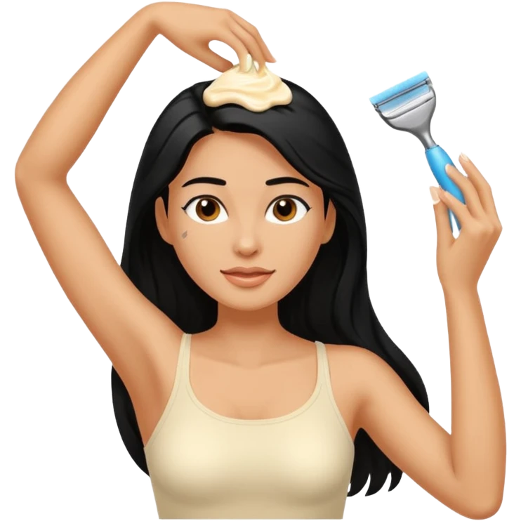 woman black long hair shaving armpit with cream on armpit emoji