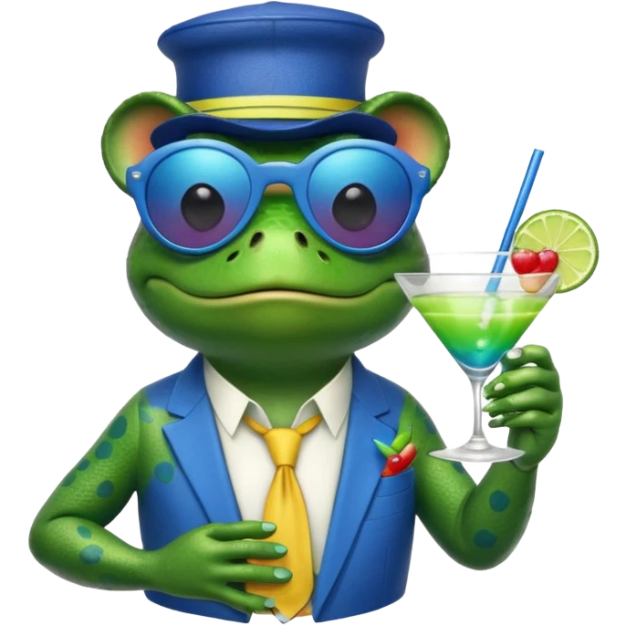 Bufo frog with blue sunglasses, sipping a rainbow cocktail, in bufo style, transparent background emoji