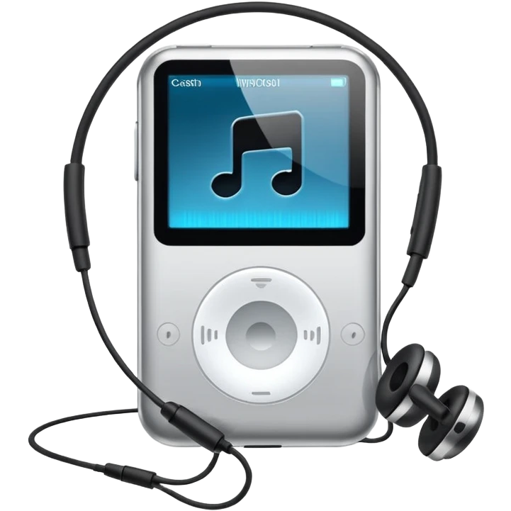 Futuristic iPod emoji with earphones, metallic black and white, smooth reflective surfaces, flat minimal vector design, clean UI style emoji