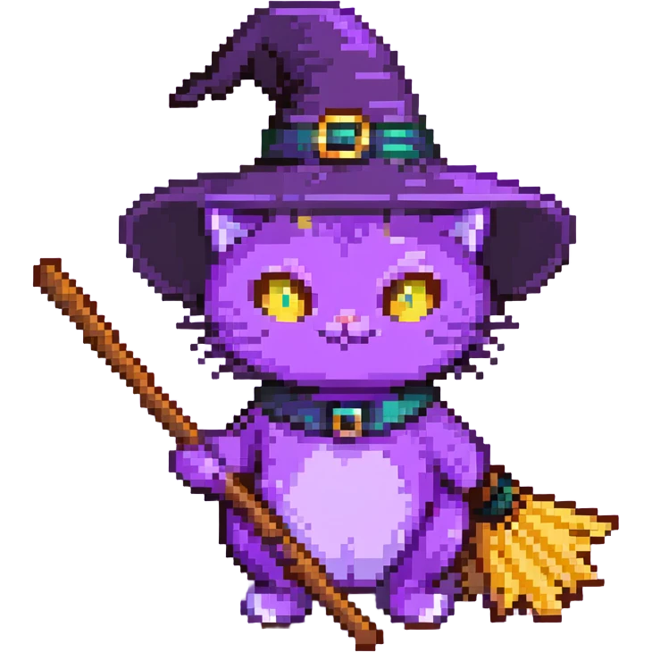 purple witch cat with a broom emoji